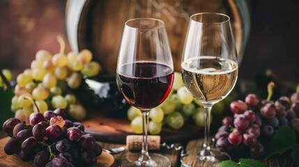 glasses filled with wine. There are grapes next to the glass. Wine day