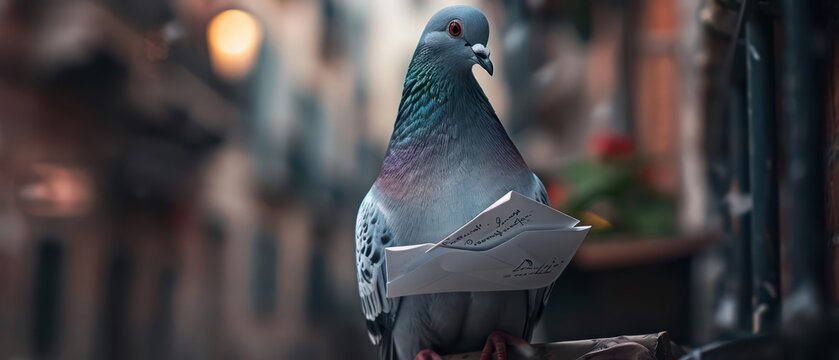A pigeon dressed as a postman is delivering magical letters in an ethereal city