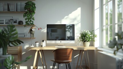 Clean bright and empty home office interior organized with a computer and desk inside Modern contemporary and work space view of a decorated room with stylish decor and wooden furnitur : Generative AI
