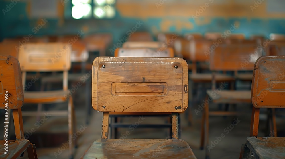 Aufkleber selective soft and blur focusold wooden row lecture chairs in classroom in poor schoolstudy room without studentconcept for education in Third world : Generative AI