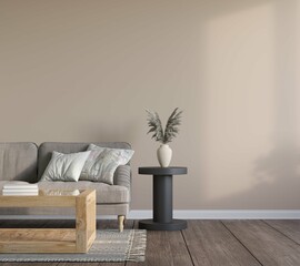 Blank wall mock up in cozy living room interior background, modern Scandinavian style, 3D render