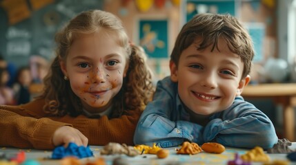 Fototapeta premium the happy children with tutors sculpt from plasticine : Generative AI