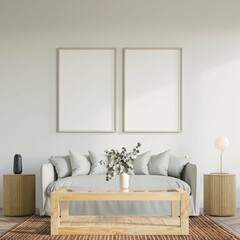 Blank poster frame mock up in cozy living room interior background, modern Scandinavian style, 3D render