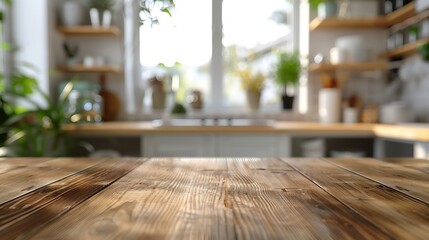 kitchen table background wood counter top on blur of white clean abstract home interior with bokeh  used for display or montage your wooden for dining background tabl banner podium : Generative AI