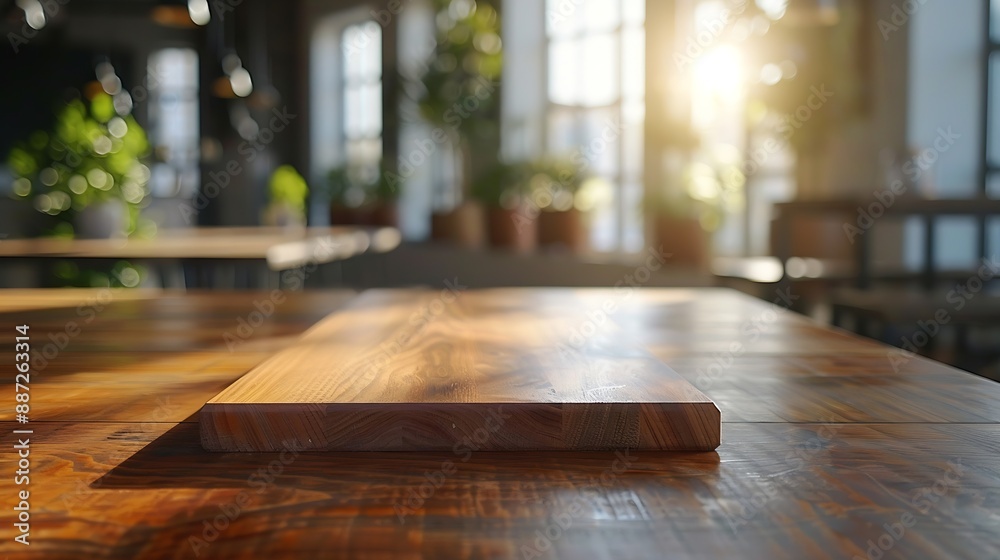 Poster on the blurred background of the empty office room a wooden board rested atop the table : generative