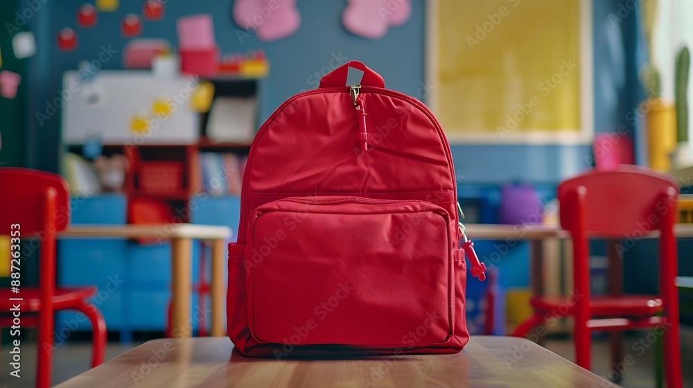 Poster red school backpack with stationery on desk in classroom : generative ai