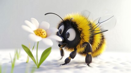 A 4D cartoon bumblebee with a flower buzzing happi 51 945 bee, insect, macro, flower, fly, nature, bumblebee, animal, yellow, honey, black, white, close-up, bug, isolated, closeup, wing, green, wasp, 