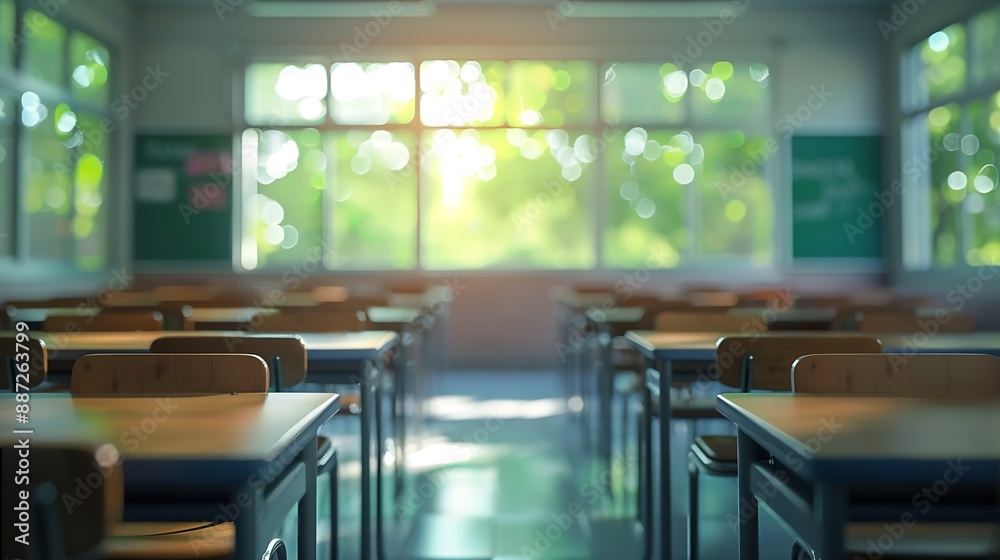 Poster look out from the table blur image of empty classroom as background : generative ai