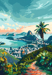 Rio de Janeiro city - beautiful coastal view of the Brazilian city in vector style gouache illustration with vibrant tropical color. Themes of holiday and travel.
