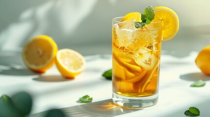 Fototapeta premium Iced drink with lemon mint in a glass on a on a light background with shadow and citrus fruits The concept of a cold tea or lemonade on a hot summer day Front view : Generative AI
