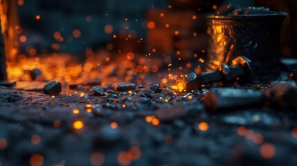 An earwig dressed as a blacksmith is forging magical tools in a glowing workshop