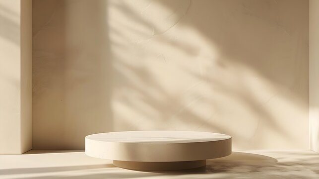 Cosmetic background for product presentation White empty plaster podium with shadows on biege background : Generative AI