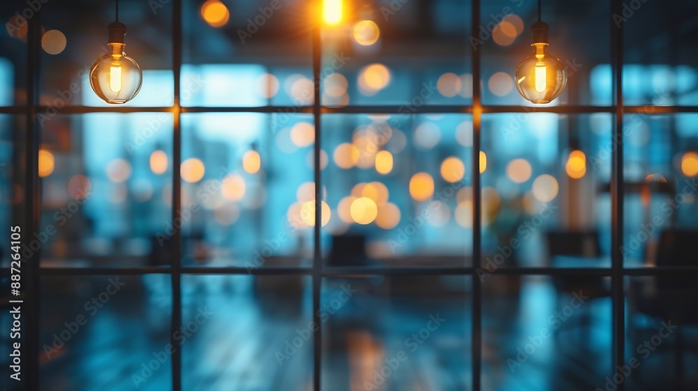 Poster Blurred empty open space office Abstract light bokeh at office interior background for design : Generative AI