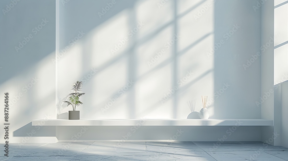 Wall mural modern minimalistic cozy white home interior background white wall with shelves and design wall and floor sunlight beams from window and shadows white background with spotlights : Generative AI