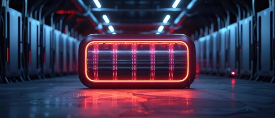 Battery storage system status is monitored via a holographic panel, futuristic with hologram, with copy space