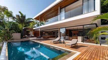 Fototapeta premium Modern villa with pool and deck with interior and exterior views : Generative AI