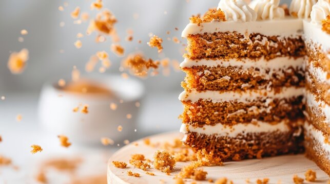 Carrot cake pieces scattering, showcasing its spiced, moist texture and creamy frosting in a vibrant explosion