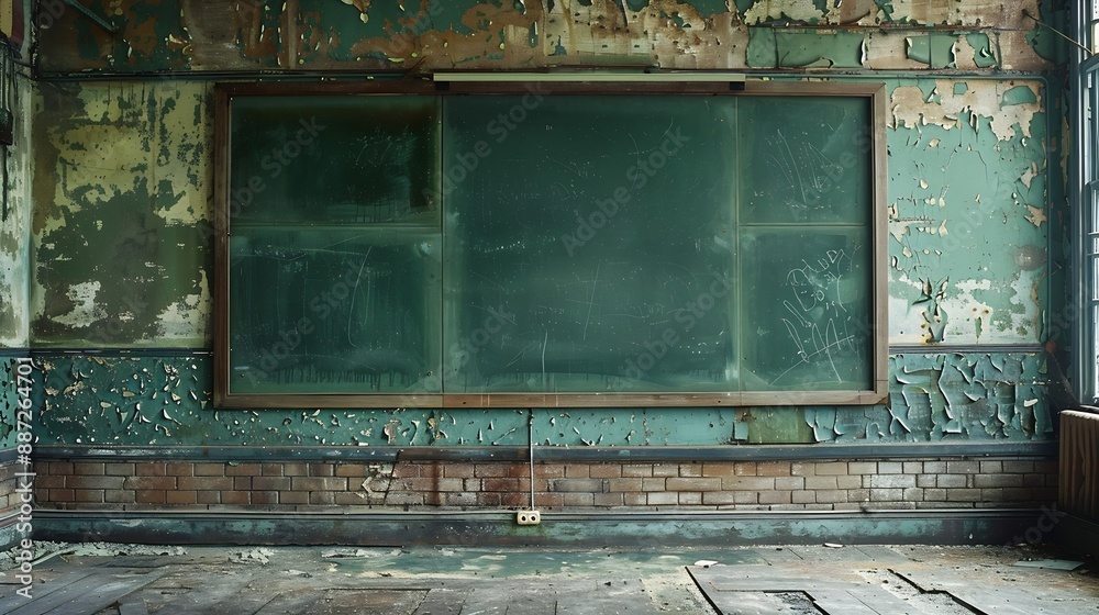 Poster Three section green felt tack board on wall of old empty classroom in deserted abandoned school : Generative AI