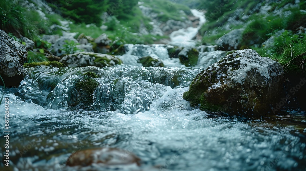 Poster beautiful mountain water flow passing through river stream : generative ai
