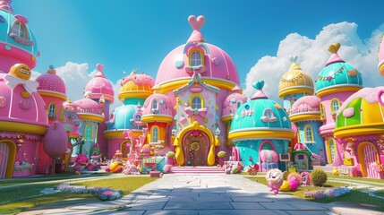 Colorful fantasy village with whimsical buildings, bright colors, and a playful dreamy atmosphere under a clear blue sky.