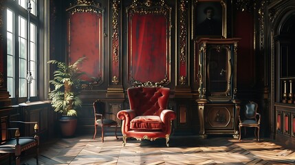 chic interior of the room in the Renaissance style of the 19th century with modern luxury furniture walls of noble dark color are decorated with stucco and gilded frames wooden parquet : Generative AI