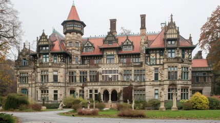 Fototapeta premium Grand historic mansion with intricate architecture and lush garden in the foreground, showcasing a beautiful composition of old-world charm.