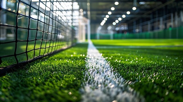Soccer goal net on indoor soccer field with white border on artificial green grass : Generative AI