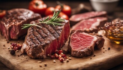 Huge red meat chunk and steak on wood table
