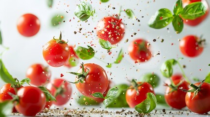 Flying ingredients of tomatoes basil pepper on white background Italian food : Generative AI