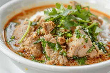 Khao Tom rice soup splashing, with tender meat, fragrant broth, and fresh herbs creating a comforting and savory explosion