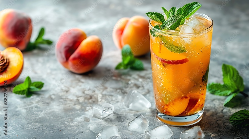 Aufkleber refreshing peach iced mint tea the concept of a healthy homemade cold summer drink in a tall glass o
