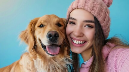 Young happy owner woman with her best friend retriever wear casual clothes do selfie shot on mobile cell phone hug dog isolated on plain pastel light blue background studio Take care a : Generative AI