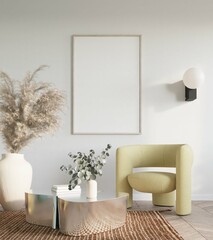 Blank poster frame mock up in cozy living room interior background, modern Scandinavian style, 3D render