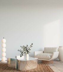 Blank wall mock up in cozy living room interior background, modern Scandinavian style, 3D render