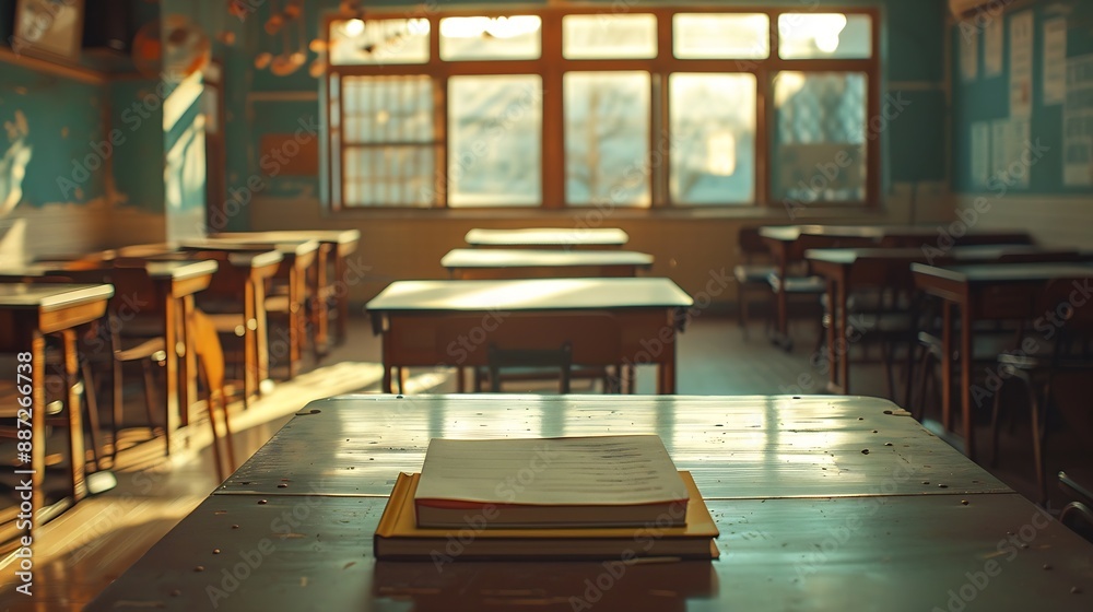Poster Interior of empty classroom with copybook on desk : Generative AI