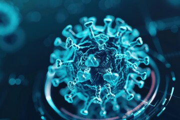 The influenza virus structure is analyzed on a holographic model, futuristic with hologram, with copy space