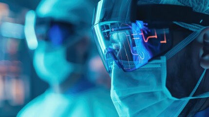 Surgeons perform a procedure guided by a holographic display, futuristic with hologram, with copy space