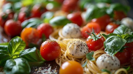 Composition with the bright colours of Italian food pasta spaghetti tomatoes from Sicily mozzarella from Naples and basil Italy Europe : Generative AI