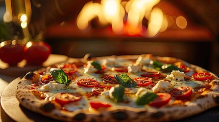 Close-up of a delicious pizza with tomatoes, cheese, and basil, freshly baked in a traditional...