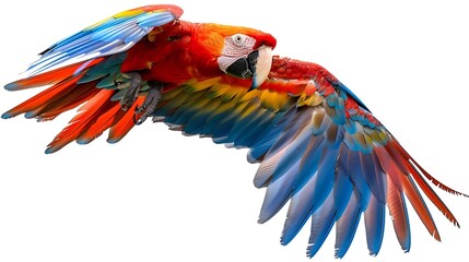 Fototapeta premium Colorful flying Catalina Macaw parrot isolated on white background with clipping path : Generative AI