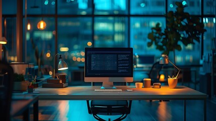 Interior of empty business office with modern furniture during night time having financial graphics report running on the computer screen Marketing company with nobody in it place of w : Generative AI