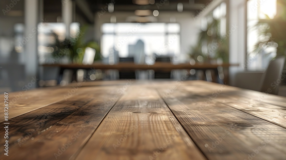 Poster on the blurred background of the empty office room a wooden board rested atop the table : generative