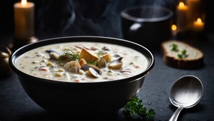 a bowl of soup with a spoon and some candles