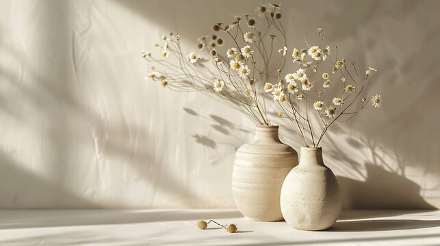 Modern beige ceramic vases  with dry deisy flowers and sunlight shadow on white table near gray wallCopy space Minimal Scandinavian interior accessories : Generative AI