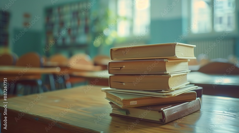 Aufkleber Stack of notebooks on wooden desk in empty classroom : Generative AI