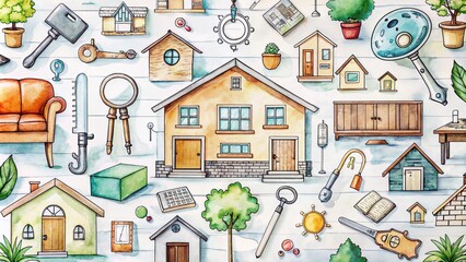 Naklejka premium Whimsical hand-drawn illustrations set featuring various icons related to real estate and room hunting, including houses, keys, maps, and furniture in monochrome style.