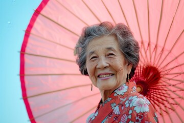 Elderly Asian woman with a bright smile holding a  58 1 umbrella, woman, child, beauty, fashion, fan, people, geisha, smile, face, dress, person, china, traditional, summer, smiling, red, one, fun, ki