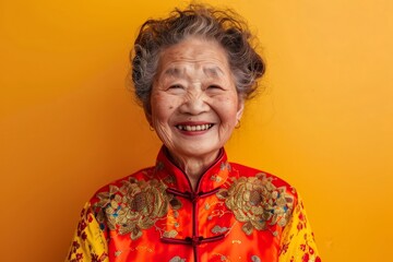 Elderly Asian woman with a joyful expression in a  25 woman, face, smile, smiling, hair, beauty, person, people, fashion, senior, child, blond, mature, old, happiness, model, eyes, teeth, dress, lady,