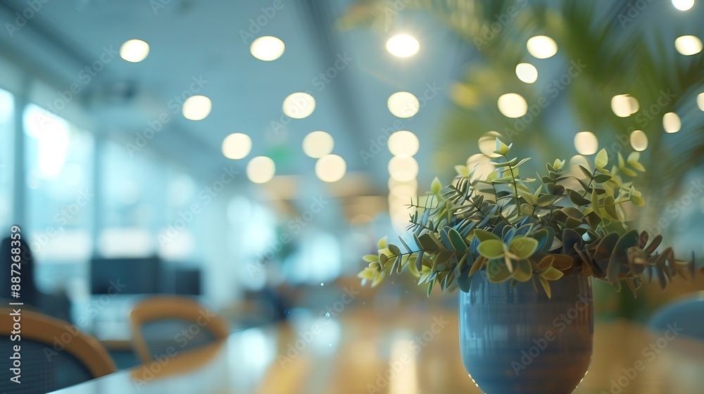Poster employees blur in the workplace in office with computer or shallow depth of focus of abstract backgr