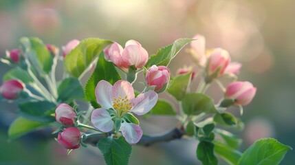 Obraz premium Apple flower buds in bloom signaling the arrival of spring The apple tree blossoms with the beauty of spring Banner : Generative AI
